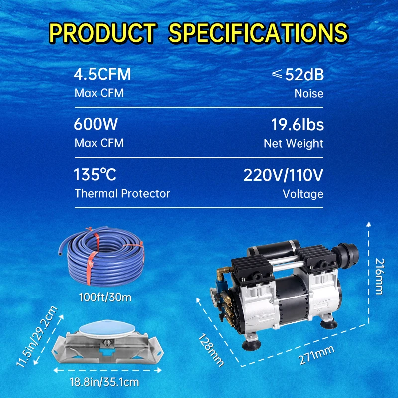 2026 Complete System Ac Power 110v/220v Aerator Compressor 170LPM Air Compressor for 3 Acres Pond and Lake