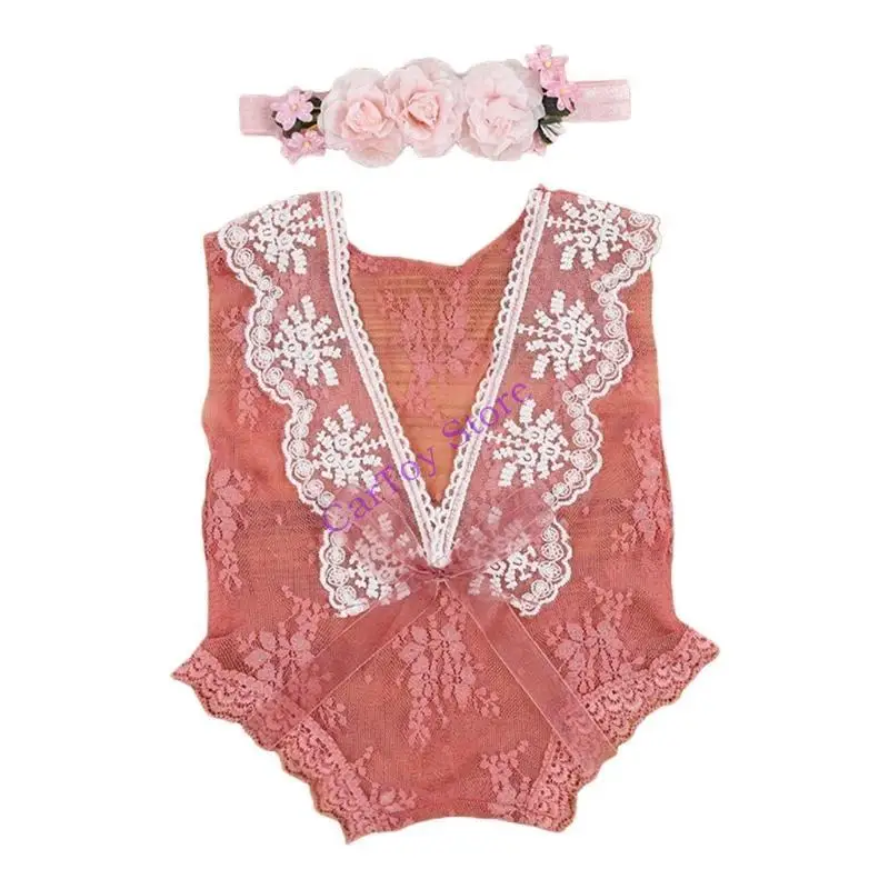 

634f Baby Lace Romper Set Set Новорожденный Фотография реквизит для боди комбинезон с цветочной полосой для детской фотографии