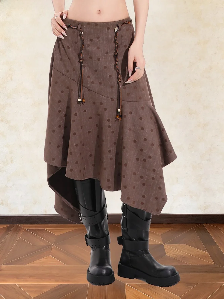 

Ретро-юбка миди в горошек с асимметричным подолом и завышенной талией, женская модная удобная весенняя юбка А-силуэта с декором на талии