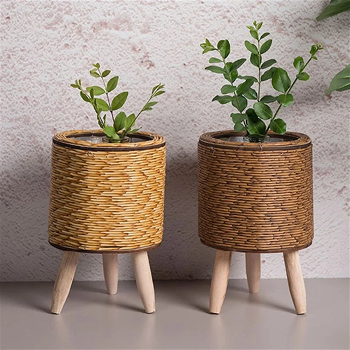 Vintage Imitation Rattan Woven Flower Shelf Planters Handmade Storage Basket with Wooden Legs Plant Pot Stand Holder,A