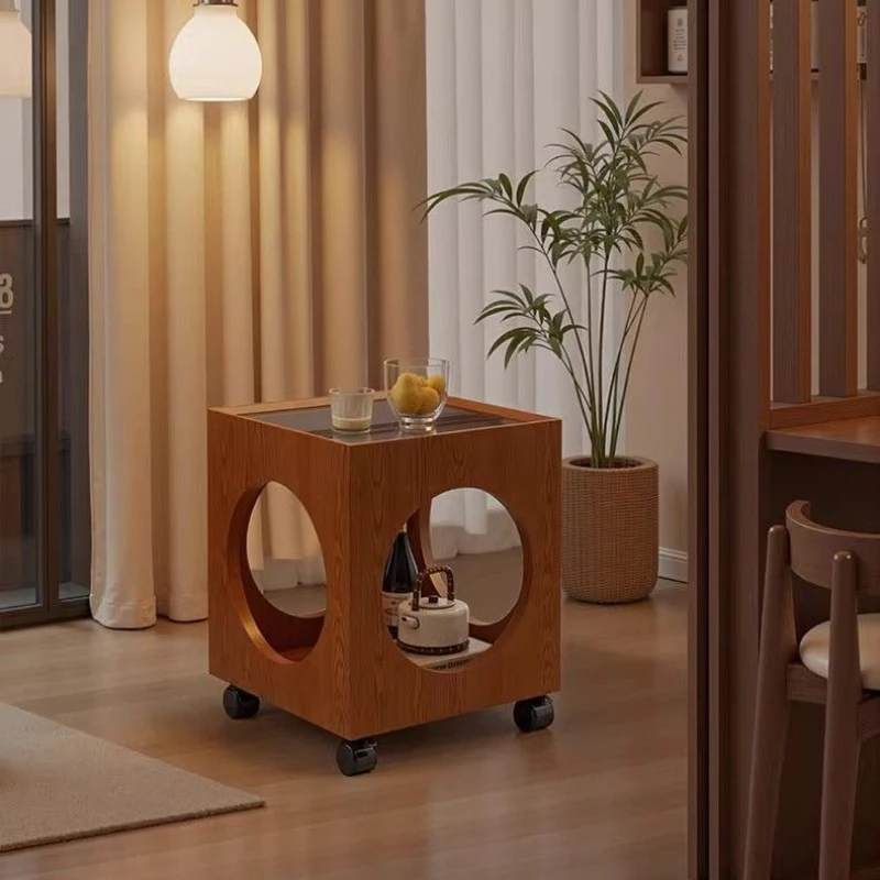 Medieval style sofa storage side table removable square coffee table solid wood glass small coffee table