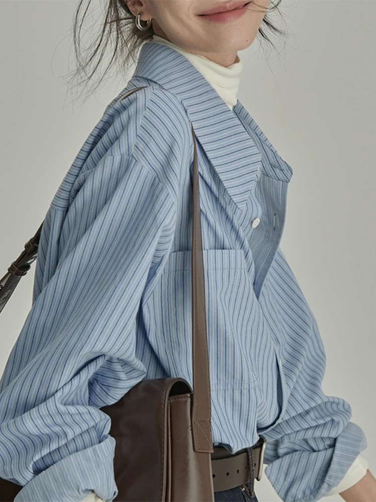 

Blue Striped Women's Shirt Spring Autumn Loose Drapey Top Layering Inner Wear Base Layer Shirt Coat Winter Commute Style