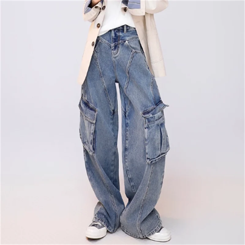 

Women's jeans New retro pure cotton straight leg pants for summer 2025 Low waist loose wide leg pants Multi pocket cargo pants