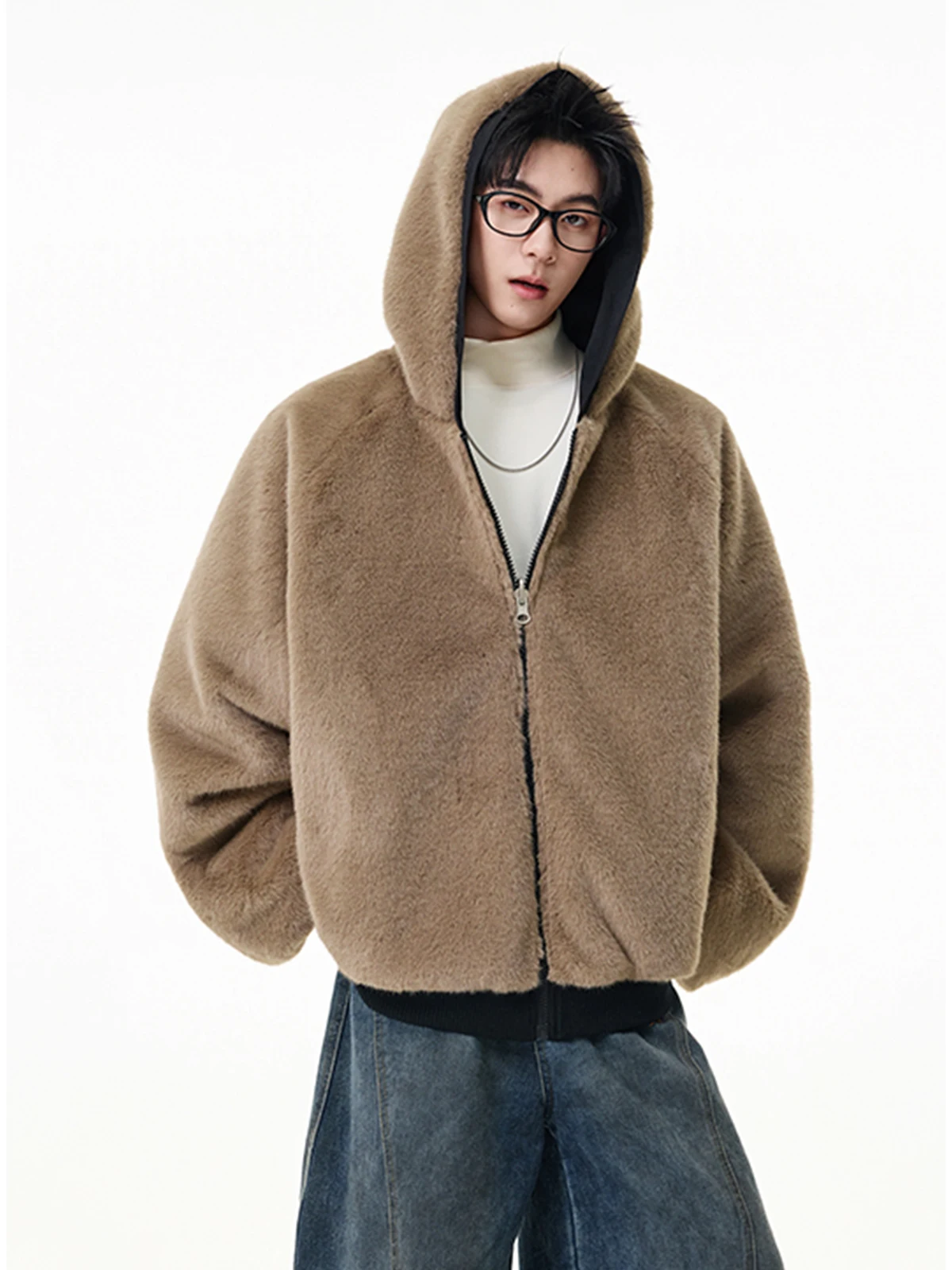 Dwustronny płaszcz męski zimowy z podszewką z imitacji futra królika, bawełniany, modny, luźny, wysokiej jakości, ocieplany, z kapturem.