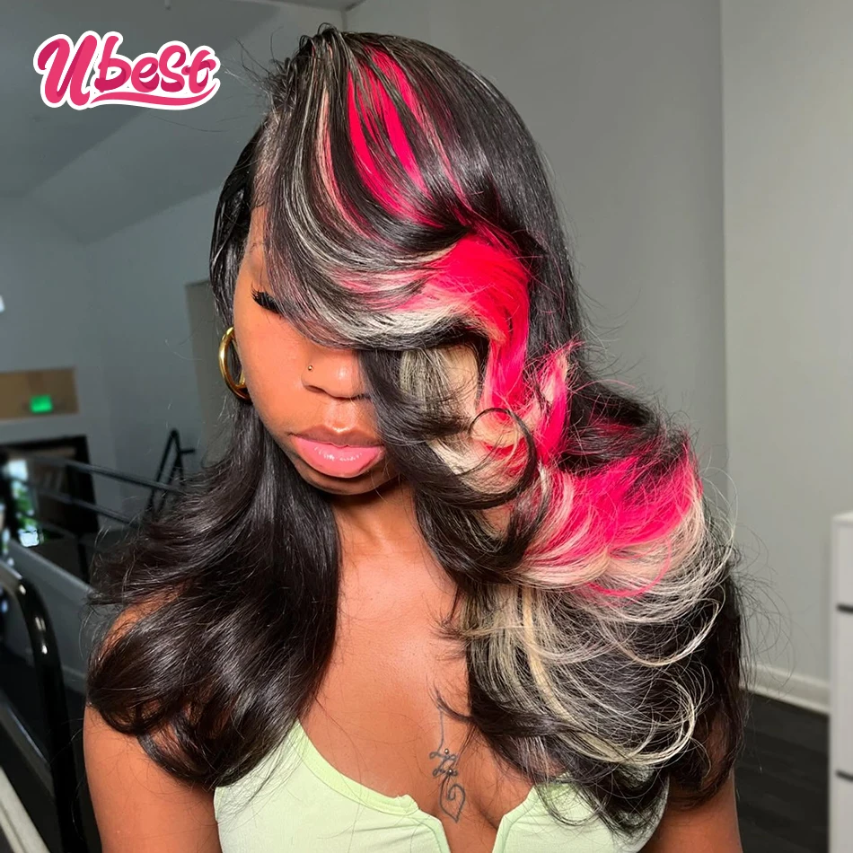 

Ubest 13X6 Transparent Lace Front Wigs Body Wave Human Hair Highlight Pink 613 1B Colored Honey Blonde Wig Pre Plucked For Women