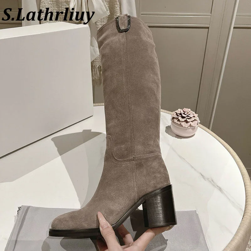 Autumn Winter 2026 Solid Color Women's Genuine Leather Simple Coarse Heel Boots Fashion Metal Decoration Office Commuting Boots