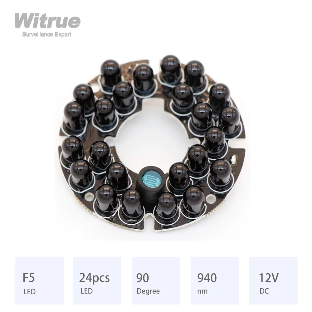 Witrue IR LED Board 24 Grain 940nm 90 Degree Diameter 44MM DC 12V 0.19A CCTV Accessories for 2.8MM 3.6MM 4MM Lens