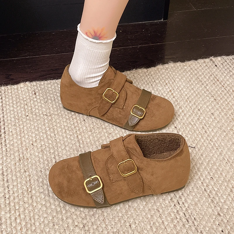 Super Soft Flat Shoes with Metal Buckle New Round-toe Low-top Cotton Shoes for Autumn and Winter