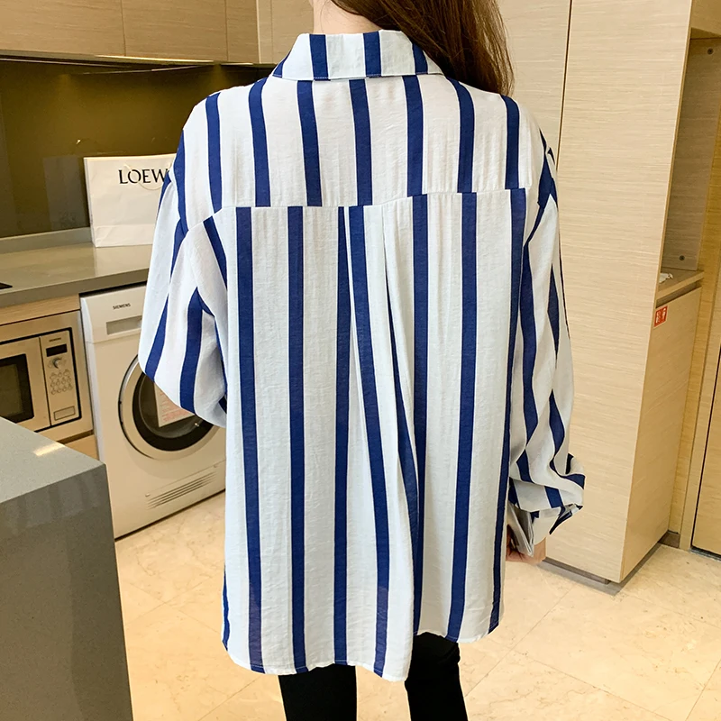 Stilvolles Damen-Hemd mit Knöpfen, klassische Langarm-Oberteile mit Kragen, Arbeit, Büro, Chiffon-Bluse, gestreifte Hemden mit Tasche, S-XXL