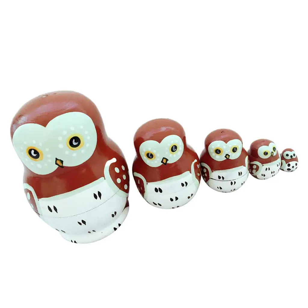 

5pcs Russian Wooden Nesting Doll Set Owl Bird Matryoshka Hand Painted