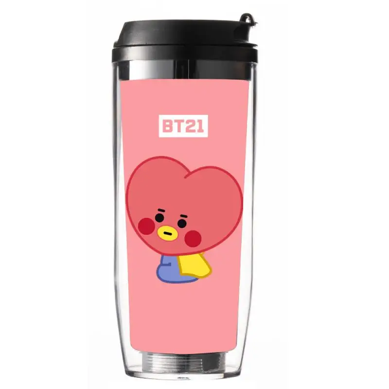 Anime Cartoon Bt21 Chimmy Tata Cooky Straw Cup Double-Layer Insulated Cup Outdoor Accompanying Coffee Cup Couple Water Cup Gifts