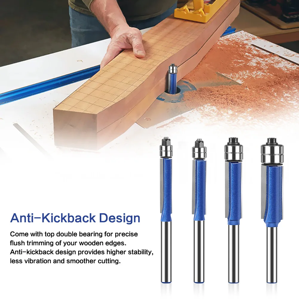 Dual Bearing Trimming Cutter, Tungsten Carbide Woodworking Router Bit, Grooving Flat Mouth Alloy Blade Head Set
