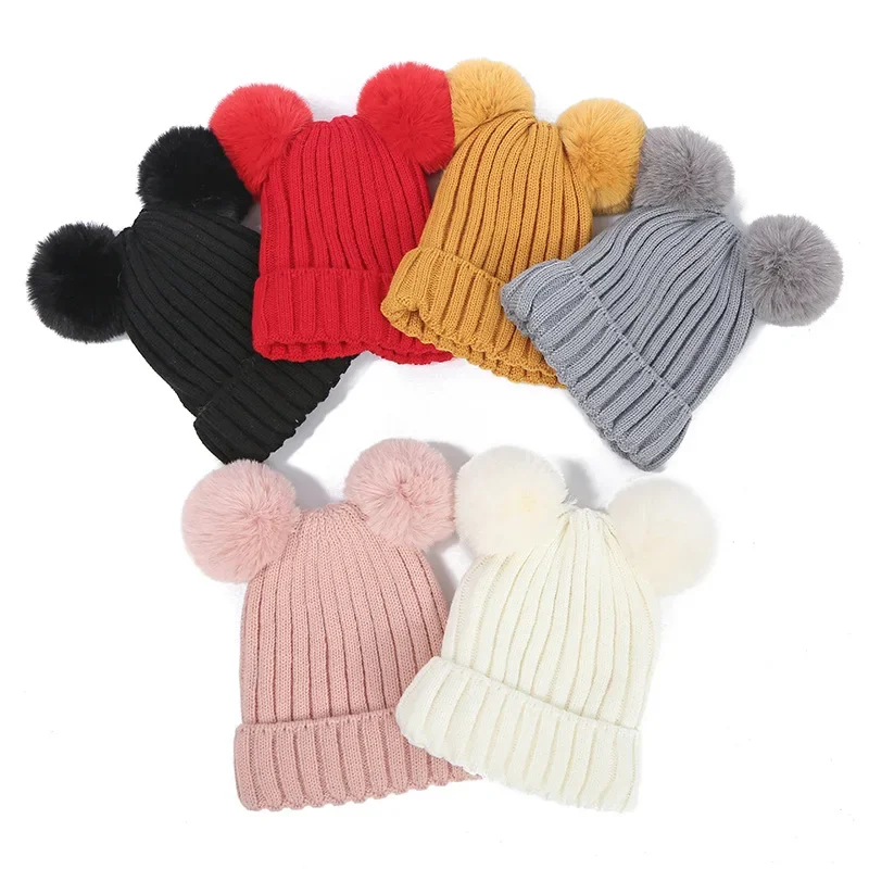 Autumn and winter woolen hats women's fur ball cap parent-child cute warm fur ball beanie