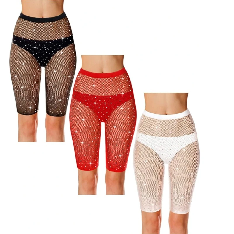 

Sparkling Shorts Pantyhose for Women Lady Biker Short Bling Tights See Through Fishnet Breathable Short Rhinestone Underwear