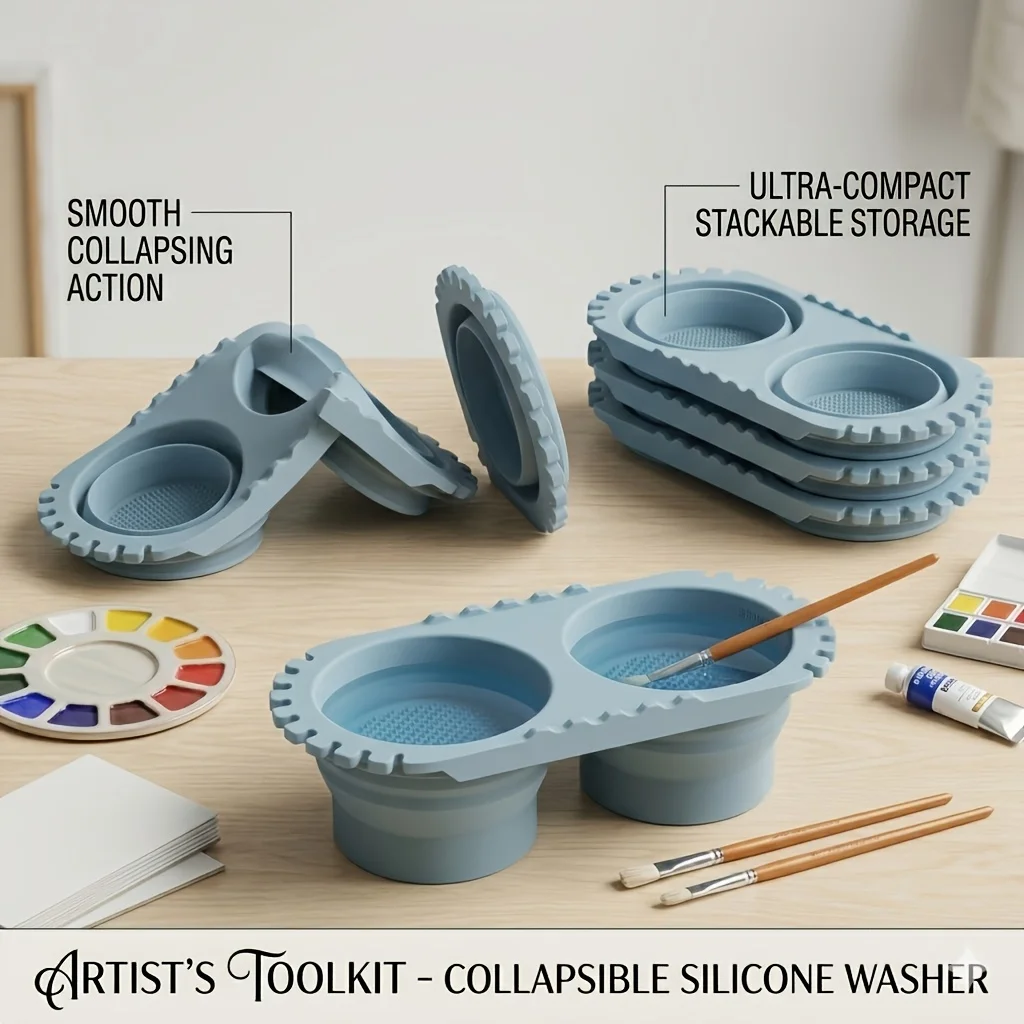 1PCS Foldable Silicone Dual Layer Brush Cleaning Cup with Built In Drying Rack Lightweight for Artist Outdoor Painting Gift