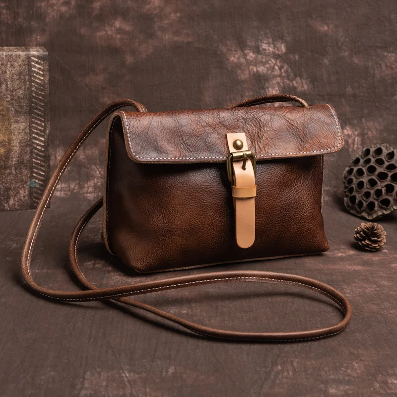 

Retro Top Layer Cowhide Leather Crossbody Bag Fashionable Phone Case Women's Bag Casual Style Small Size Other Brand
