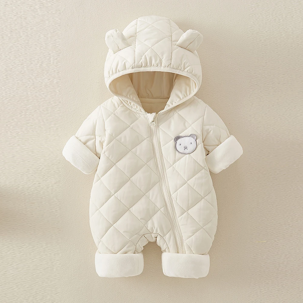 AYNIGIELL Late Autumn, Early Winter Baby Jumpsuit Thick Warm Infant Hooded Inside Fleece Rompers Newborn Boy Girl Overalls