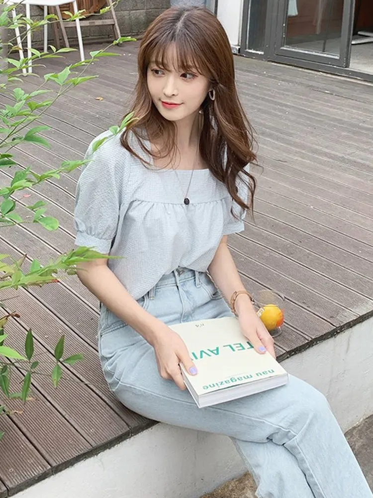 

Лето 2023, женские свободные модели с квадратным воротником ort Sve Plaid Bubble Sve irt Sweet Youthful Fre Sle Commute Faion