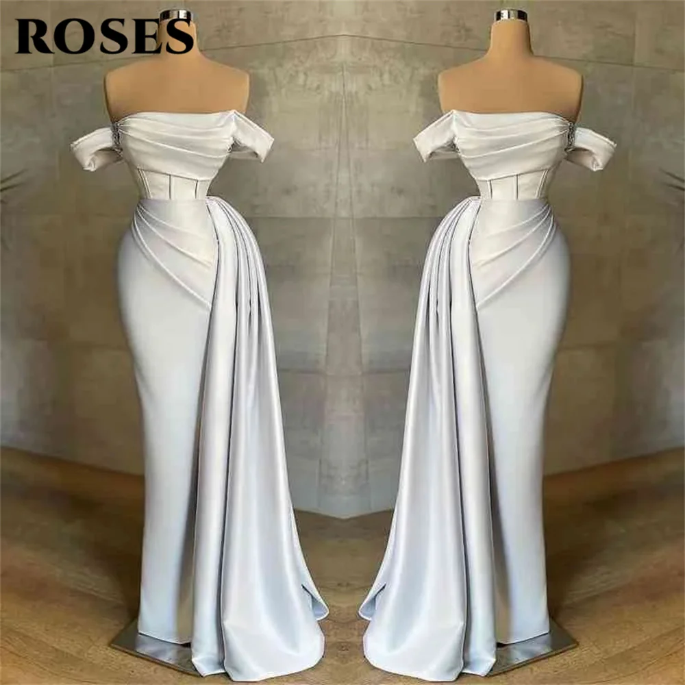 ROSES White Sexy Off The Shoulder Party Dress for Wedding Metal Decoration Fishbone Evening Gown Pleat Side Split Formal Dresses