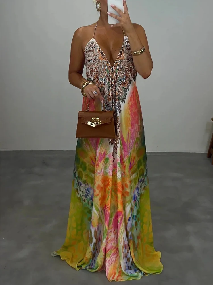 

summer women's sleeveless casual style polyester material 2025 new fashionable V-neck suspender printed pullover dress