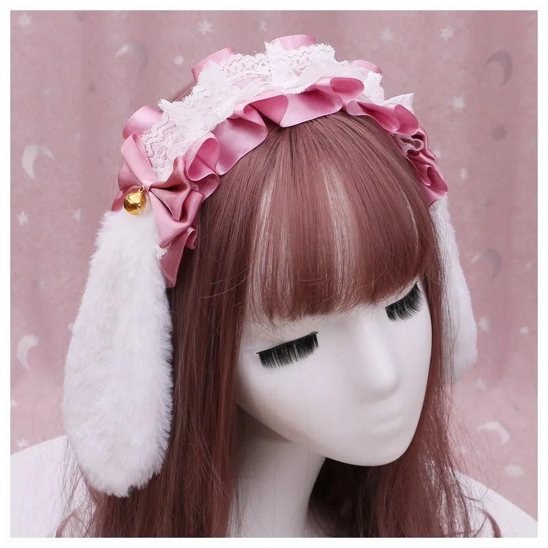 Lolita Headband Plush Rabbit Bunny Ears Hair Hoop Girl Halloween Costume Cosplay Party Headdress Sweet Bowknot Hair Accessories