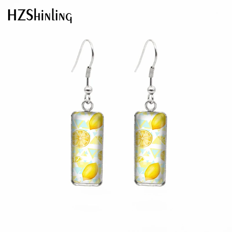 Fruits Lemon Paintings Hoop Earrings Stainless Steel Rectangle Hook Dangle Drop Earrings Glass Cabochon Ear Jewelry