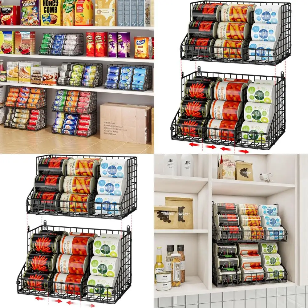 

2 Pack Stackable Can Rack Organizer with Adjustable Dividers, 2-Tier Metal Wire Beverage Storage for Pantry, Black