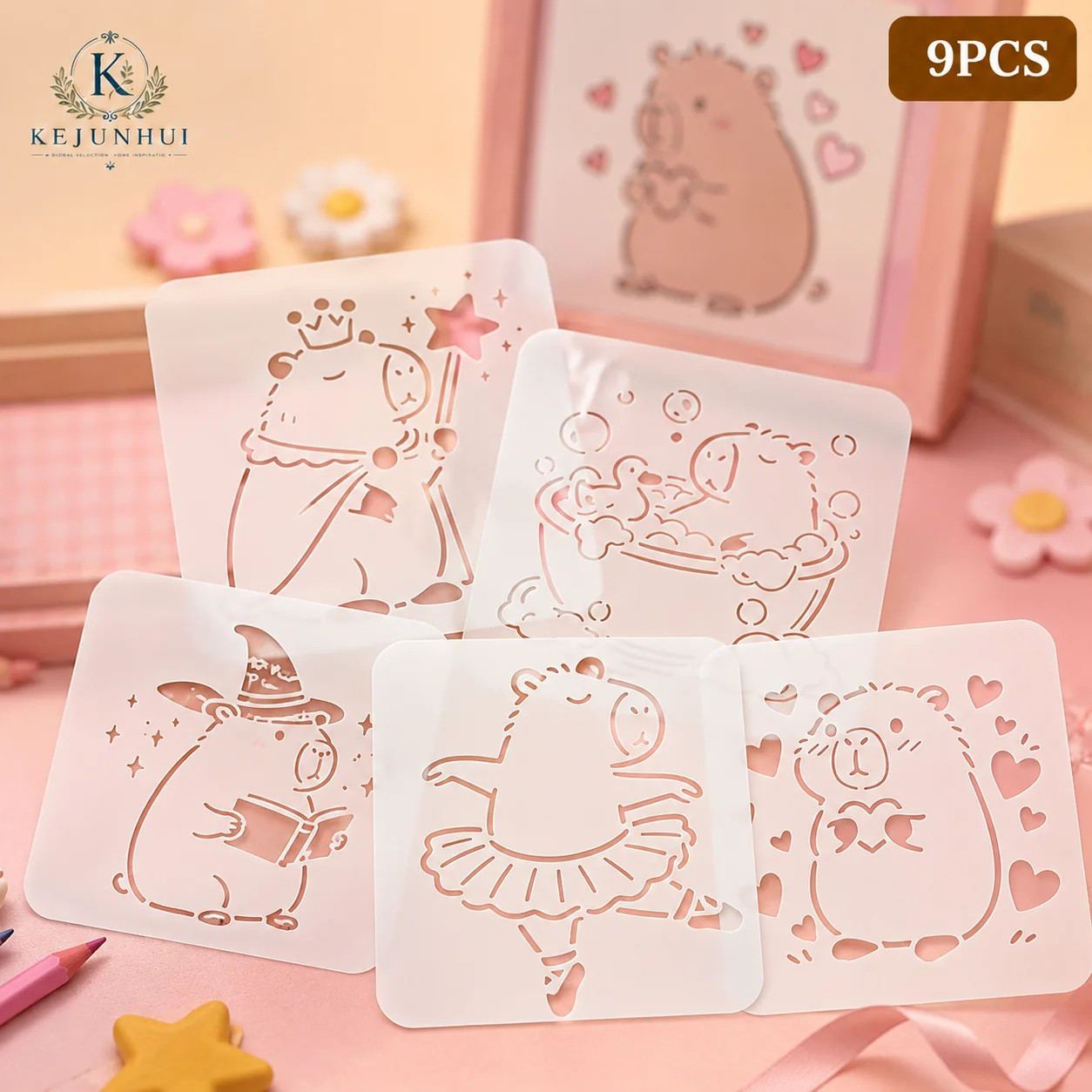 9Pcs 3.9x3.9in Cute Capybara Stencils Reusable PET Stencils for Painting Animal Craft Templates Wall Wood Fabric DIY Decor