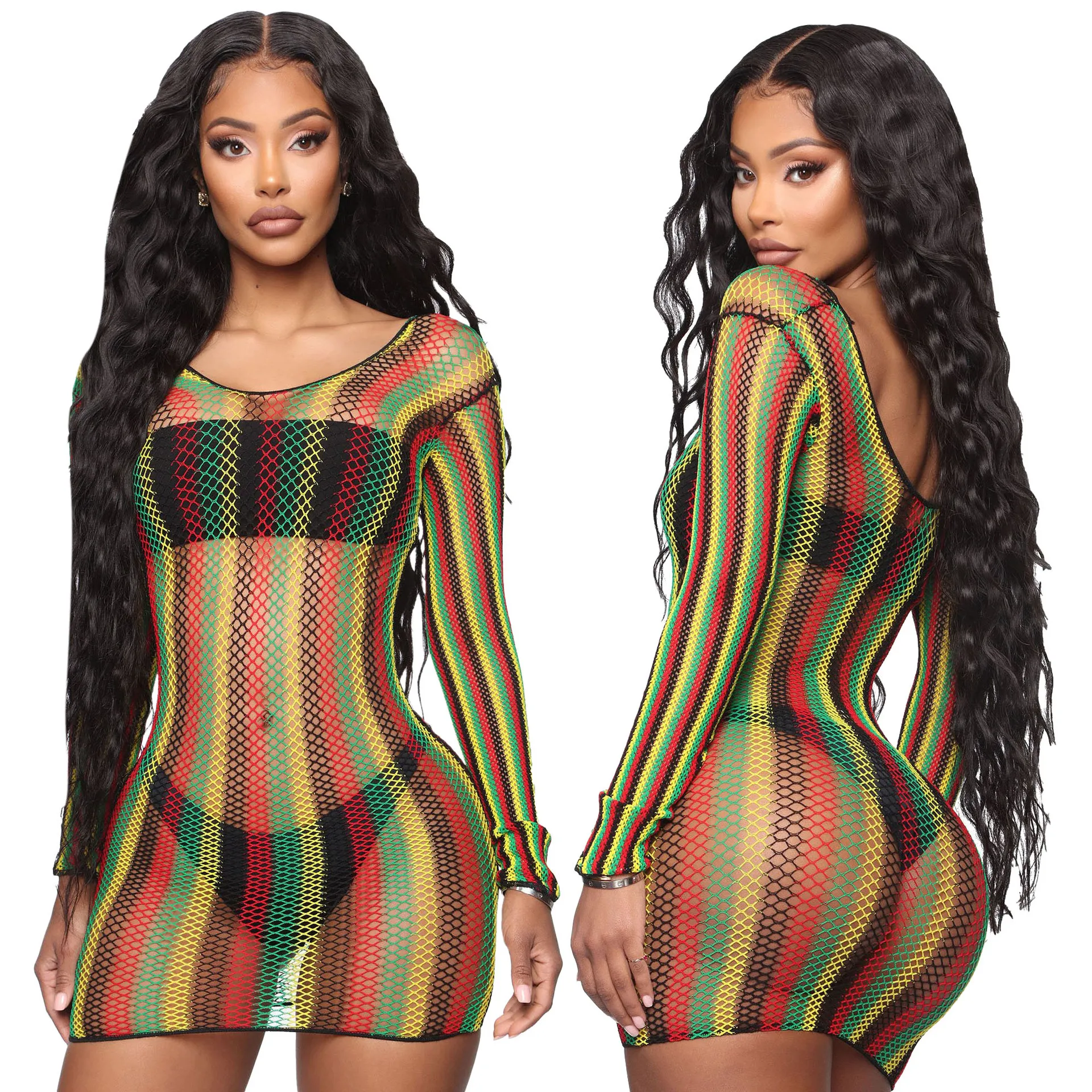 

SKMY Color Blocking Printed Sexy Buttocks Wrapped Dress With Mesh Perspective Long Sleeved Beach Short Dress