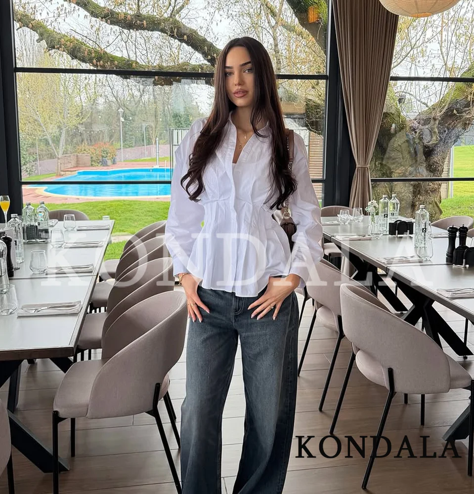 

KONDALA Women Commute Pleated Shirts 2026 Spring Summer Fashion Office Lady V-Neck Shirts Elegant Casual Simple Poplin Shirts