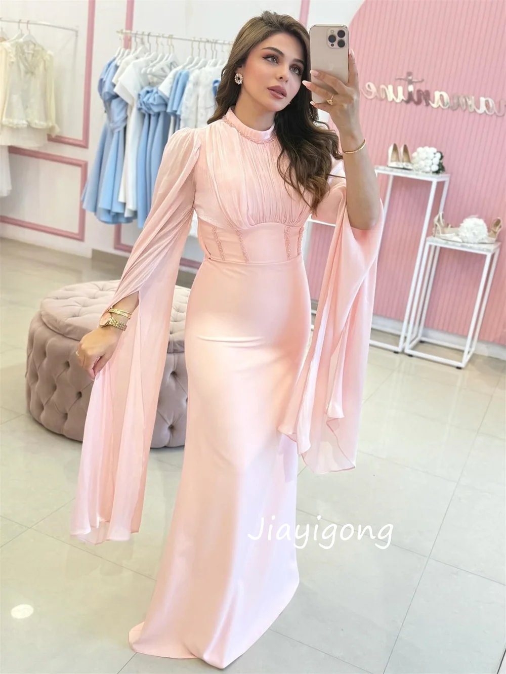 Customized Exquisite Jersey Pleat Trumpet O-Neck Long Dresses Bespoke Occasion Evening High Quality Chinese Style