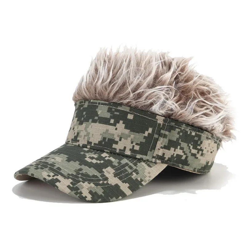 Outdoor Camouflage Armygreen Jungle Sunshade Sunhat Spiked Hairs Wig Hat Sports Baseball Cap Synthetic Short Hair Wigs Hat Visor