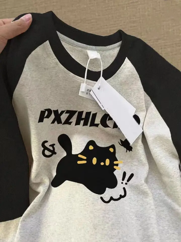 

Pure Cotton American Street Kitten Patchwork Short Sleeved T-shirt for Girls in Summer Loose Casual Lazy Style Couple Top Women