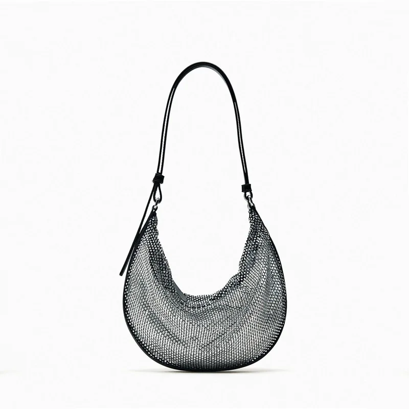 

Fashion Sequins Mesh Women Shoulder Bags Shinny Half Moon Lady Handbags with Wallets Luxury Hobos Summer Party Purses