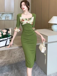 2026 Green Patchwork Mesh Floral Sqaure Collar Midi Dress Women Elegant Luxury Vestidos Summer Korean Vintage Bodycon Prom Dress