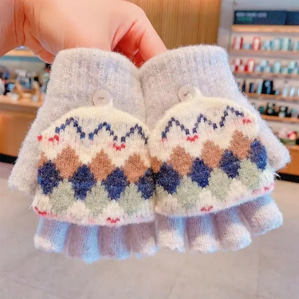 Durable Polyester Convertible Flip Top Gloves Argyle Pattern 6-14 Years Mitten Cover Gloves Warm Knitted Gloves For Boys