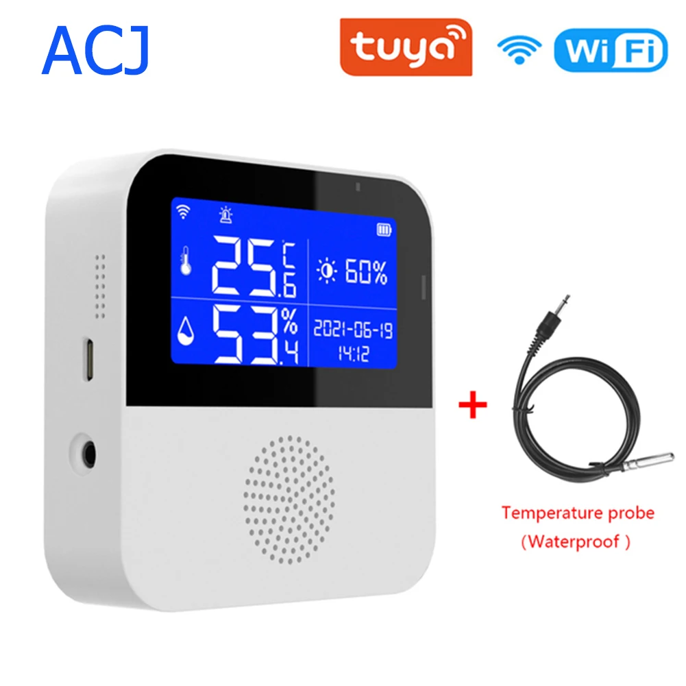 ACJ WIFI Temperature Humidity Sensor LCD Smart Tuya thermometer For Home Plant Growth Fish Tank With Water Temperature Line