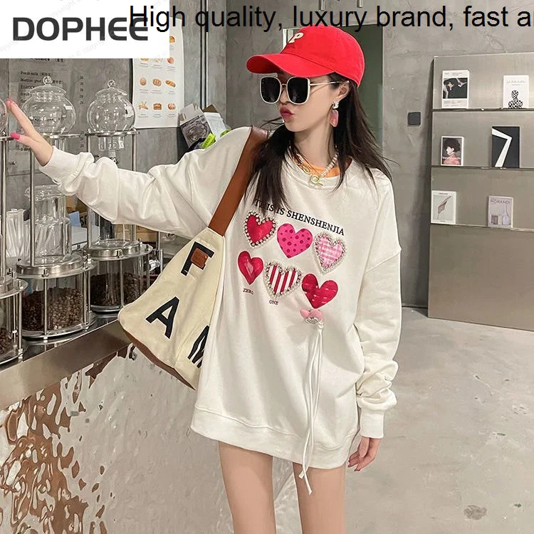 Autumn 2023 New Fashion Love Printing Pullovers Top Beading All-match Loose O-neck Long Sleeve Streetwear Sweatshirt Casual