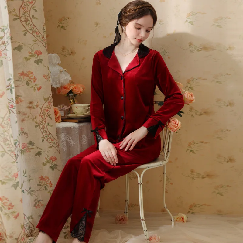 Women's Velvet Pajamas Sets, Velour Princess Sleepwear, Lapel Long Sleeve Shirt and Pants, Winter