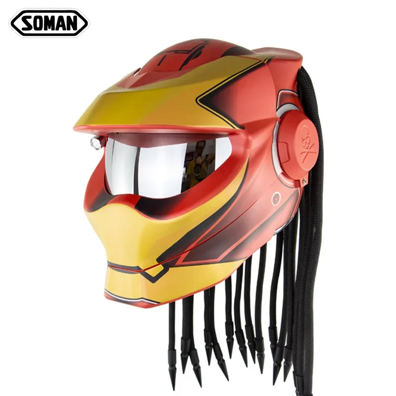 SOMAN Black Predator Full Face Retro Motorcycle Helmet Ironman Motorcycle Street Gear DOT ECE Approved Cool Casco Moto