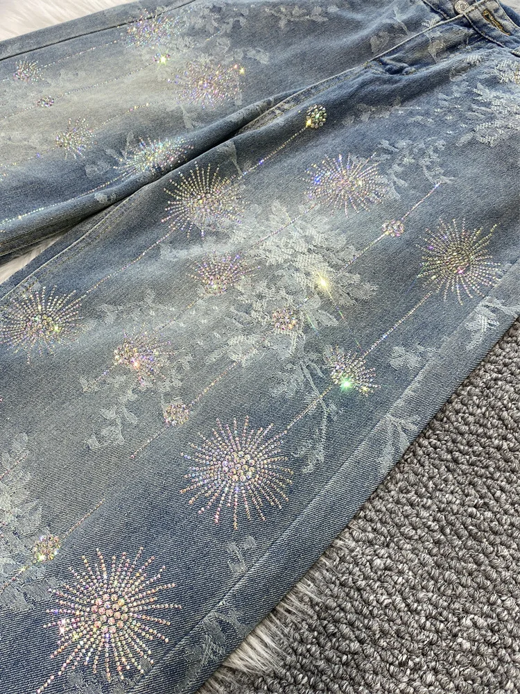 Damskie jeansy na wiosnę i lato z dżetami, szerokie nogawki w stylu high street, luźne spodnie dżinsowe w nowym żakardowym wzorze, amerykański szyk.