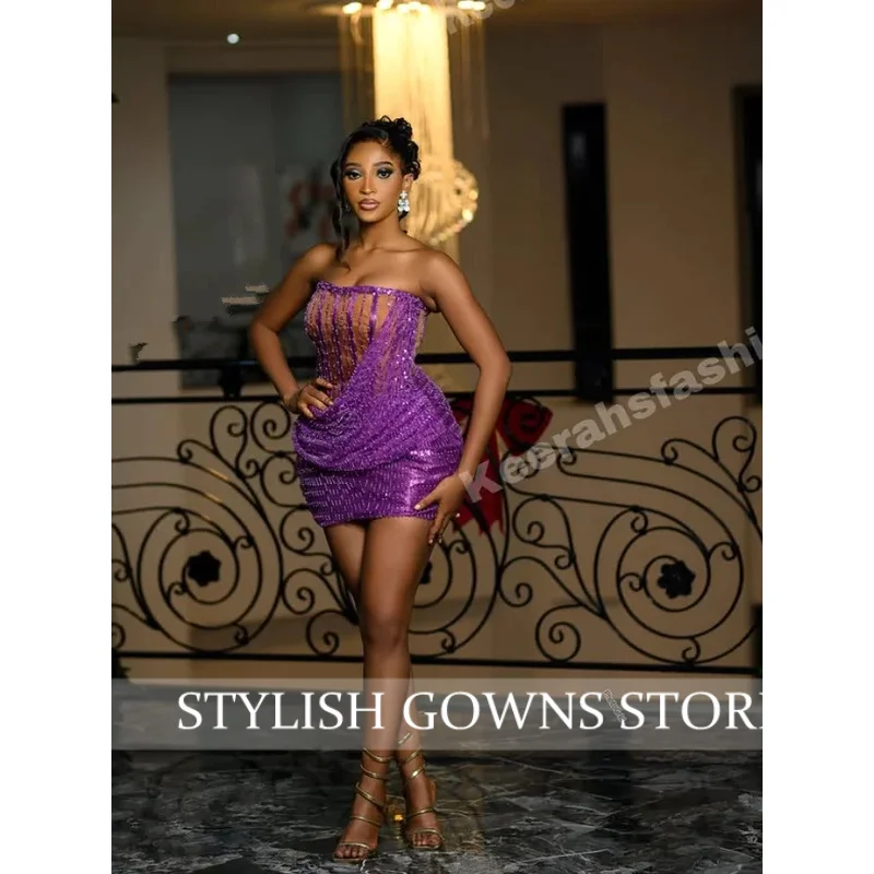 보라색 반짝이는 미니 칵테일 파티 드레스 본딩 코르셋 주름 장식 글리터 맞춤형 스트랩리스 흑인 여성용 갈라 드레스
