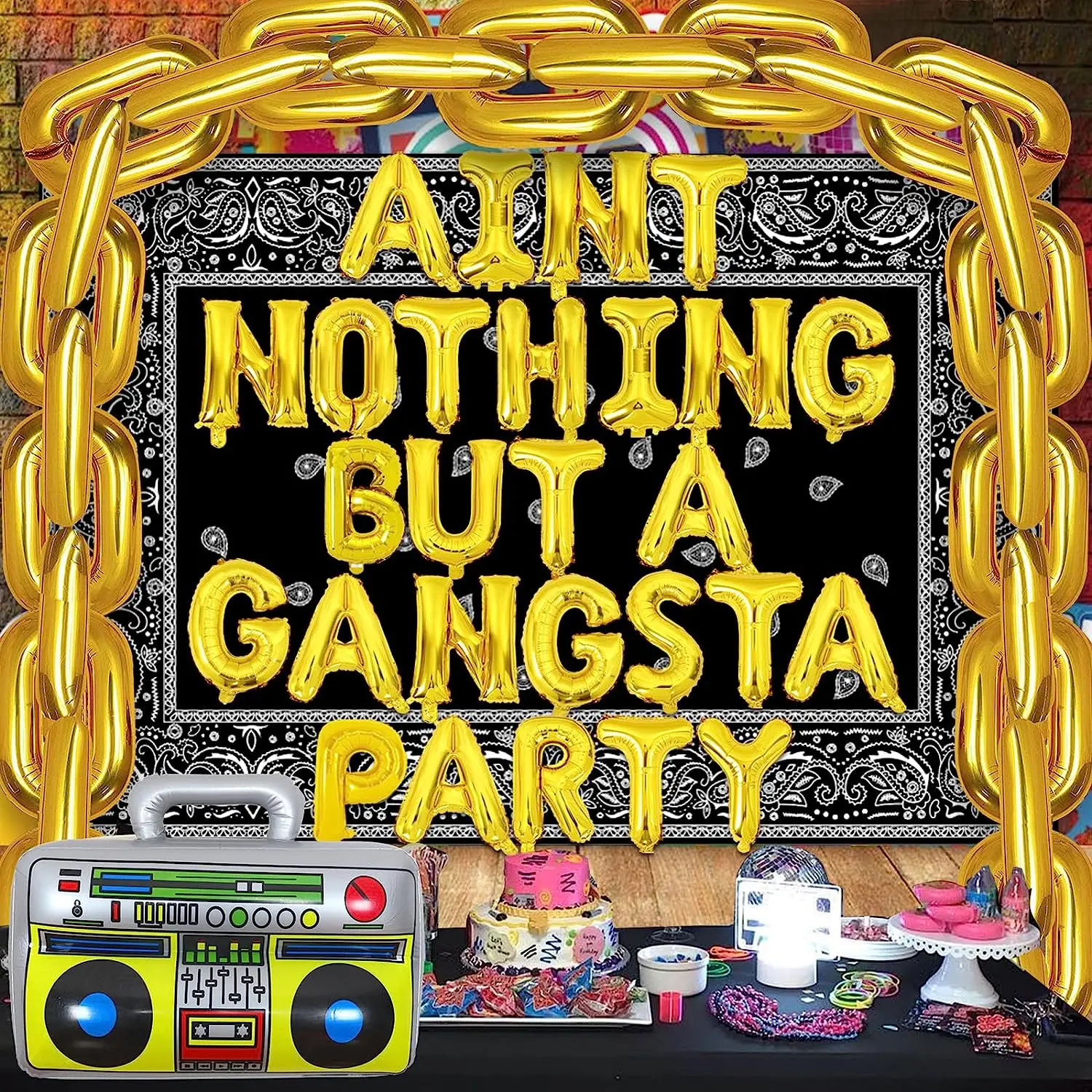 

Aint Nothing But A Gangsta Party Decoration Gold Number 0 Foil Balloons Chain Gangsta Turban Backdrop for Hip Hop Birthday Party