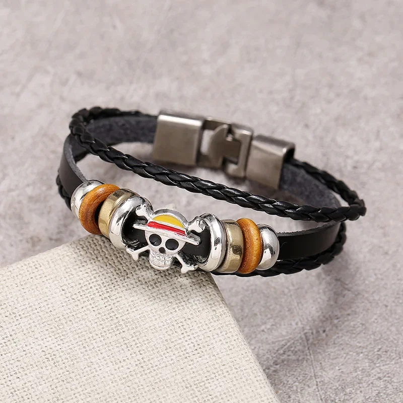 2-teiliges Luffy Strohhut Anime Cosplay Gewebtes Leder-Armband Herren- und Damen-Streetwear Geschenkset – Detail 3