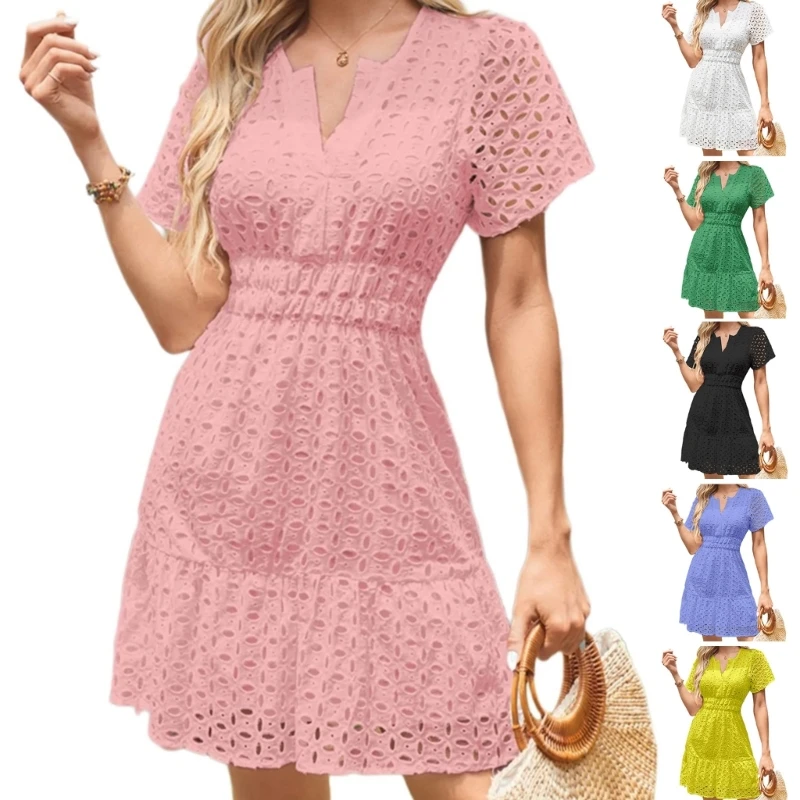 

Женское короткое пляжное платье с короткими рукавами и V-образным вырезом, кружевное пляжное короткое платье с рюшами