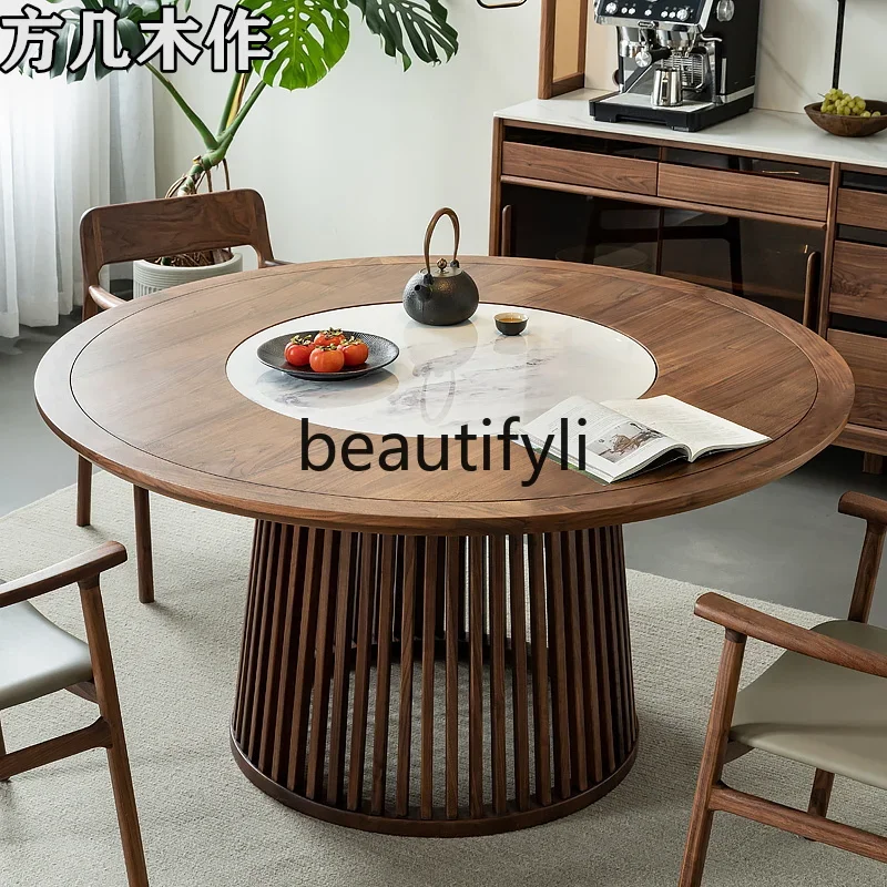 

S7486teae Новый китайский круглый обеденный стол из бревна черного ореха, круглая столовая из массива дерева для гостей с круглым проигрывателем из каменной плиты