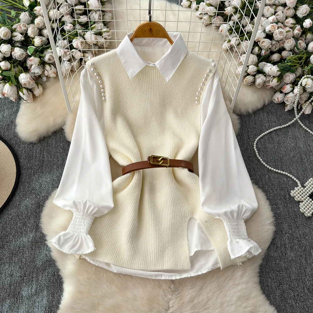 Autumn Winter Shirt Knitted Vest Two-Piece Set for Women Small Fragrant Blouse With Vest Two Piece Shirt Set