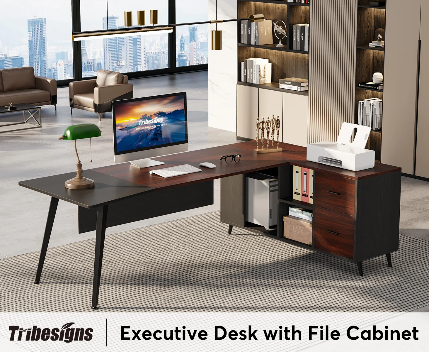 Tribesigns 87” Extra Large Executive Desk with 51” File Cabinet, L-Shaped Office Desk, Business Furniture Set