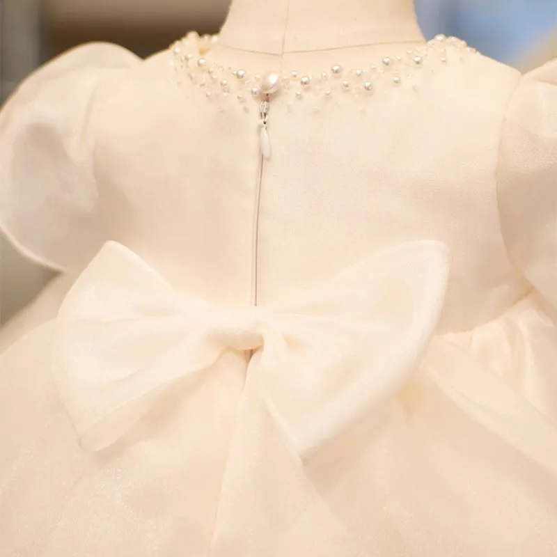 Elegant Flower Girl White Dresses For Wedding Beading Ruffles Princess Tiered Dress With Bow Children Birthday Party Prom Gowns