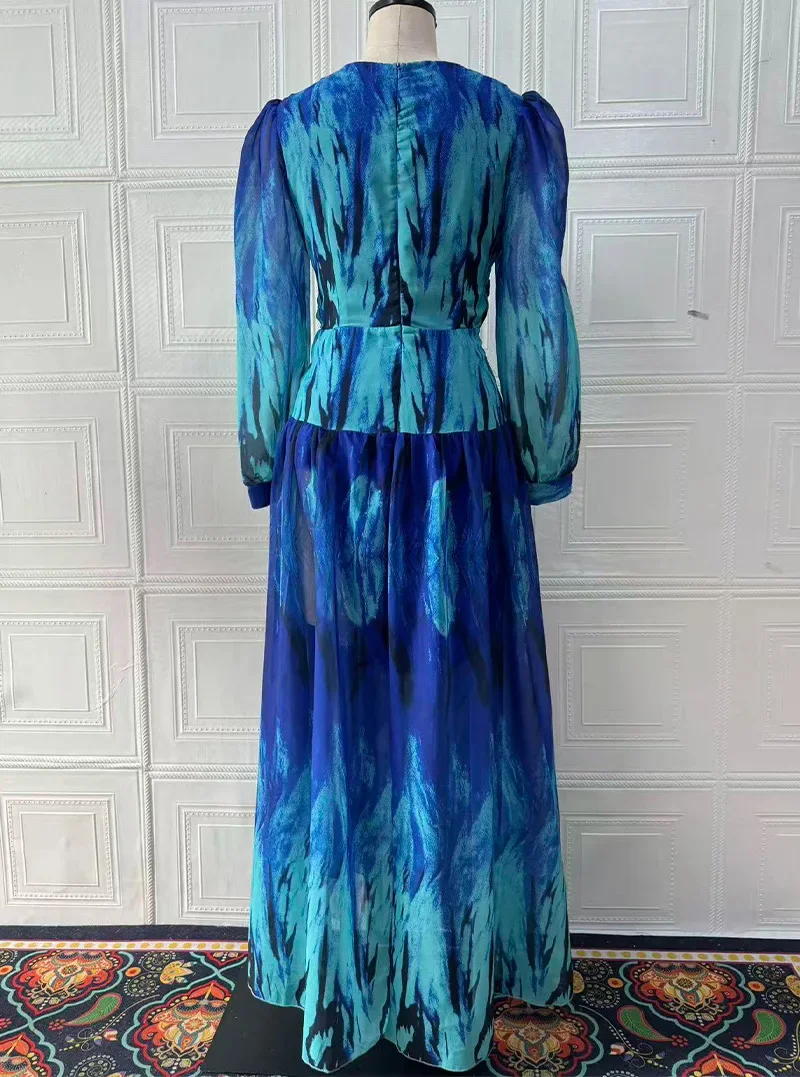 

Party Dress for Women 2025 Fall New A-line V-neck High Waist Print Chiffon Skirt Vintage Long Sleeve Maxi Office Evening Dresses